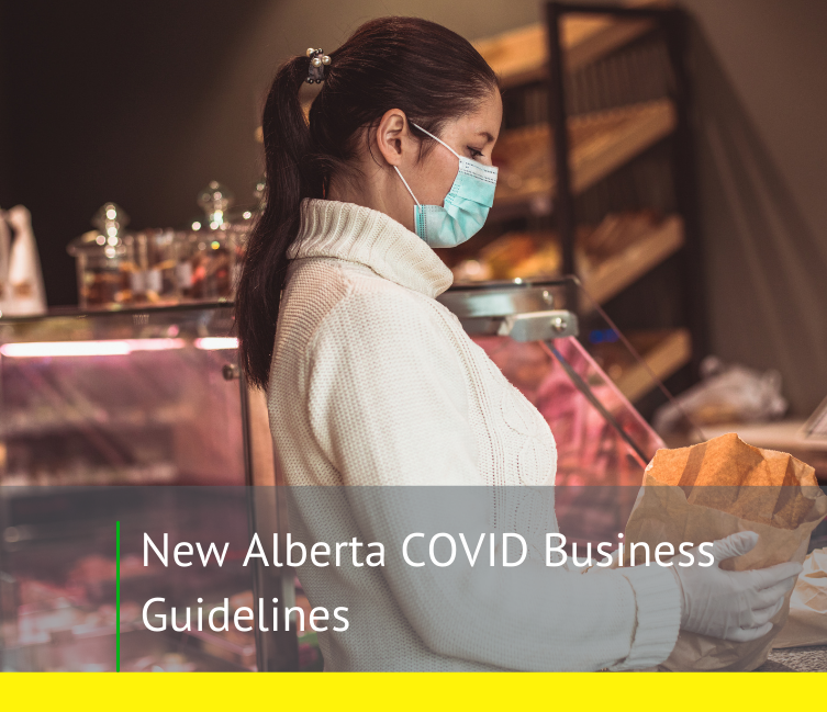Image says "New Alberta COVID Business Guidelines" and a female employee working